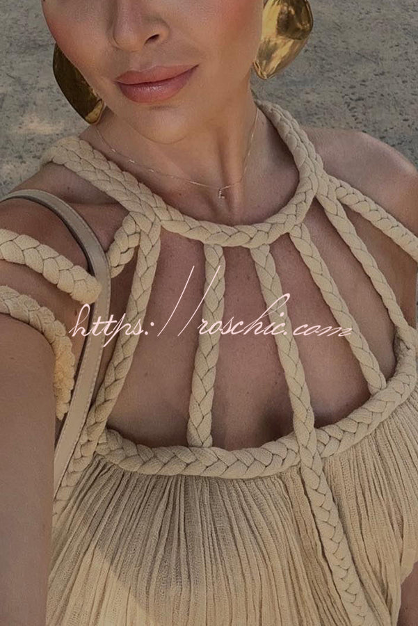 Modernes und elegantes Maxikleid aus Leinenmischung mit Drapierten Knoten als Überwurf in