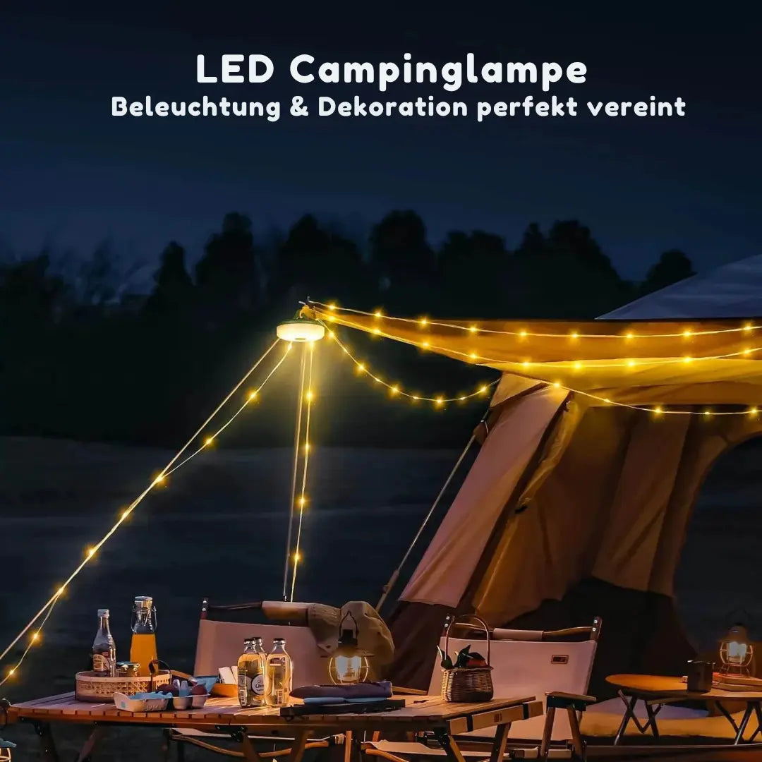 4-in-1 Campinglampe mit USB – Lichterkette, Laterne & Powerbank für Outdoor-Abenteuer