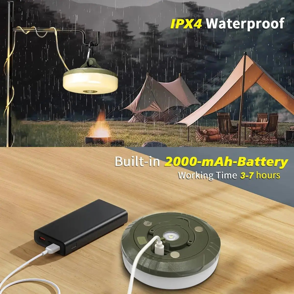 4-in-1 Campinglampe mit USB – Lichterkette, Laterne & Powerbank für Outdoor-Abenteuer
