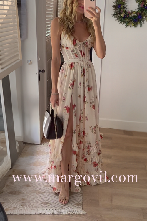 Margovil Maxikleid mit Spaghetti-Trägern, Rüschen, mehrlagigem Design, Schlitz und eleganten Blumenmustern