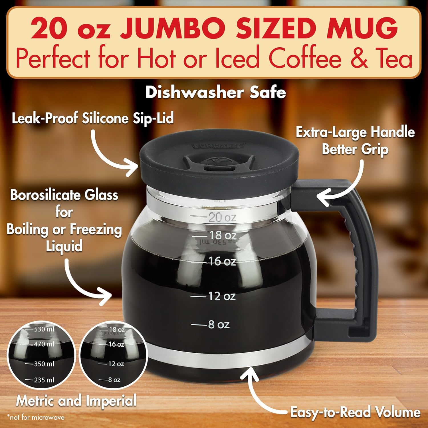 Caedrea Diner-Stil 20 oz Borosilikatglas Kaffeekanne mit Spill-Proof Silikondeckel – Perfektes Retro-Gag-Geschenk für Kaffee-Enthusiasten