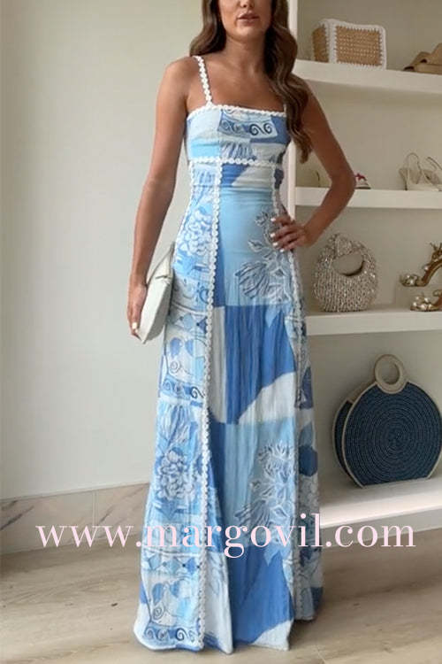 Ric Rac Riemen Schleife Rückenausschnitt Bedruckter Swing Maxi Cami Kleid