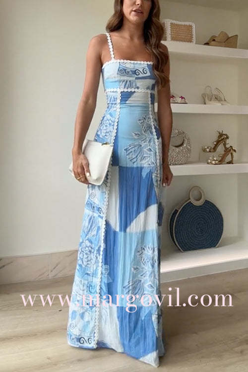 Ric Rac Riemen Schleife Rückenausschnitt Bedruckter Swing Maxi Cami Kleid